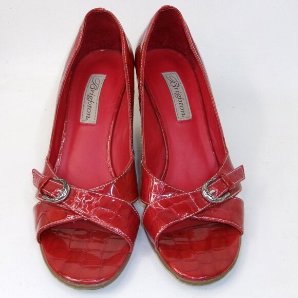 Brighton Riva Red Crocodile Embossed Leather Espadrille Wedge Heels 8.5 - Picture 2 of 6